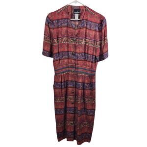 Vintage Positive Attitude Button Front Red/Orange Floral Print Dress Size 12